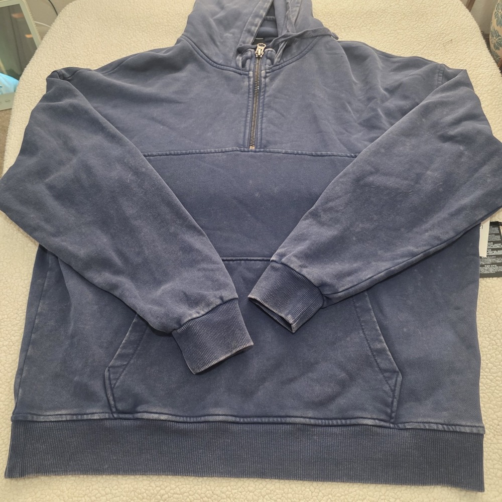 Men Faded Design Fleece Pullover Hoodie Quarter Zip Lightweight Cozy Relaxed M